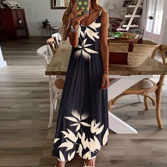 Staron Robes d'Été pour Femmes 2025 en Liquidation à Moins de 10 $ Robe d'Été Ample à Col en V Boho à Bretelles Spaghetti Sans Manches Robe de Plage Florale Décontractée pour Voyage et Vacances Longue Maxi