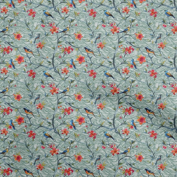 oneOone Viscose Chiffon Dark Teal Green Fabric Floral Flower With Bird Sewing Fabric By The Yard Printed Diy Clothing Sewing Supplies 42 Inch Wide