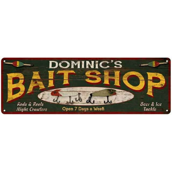 DOMINIC'S Bait Shop Sign Wood Look Man Cave Den Gift 6x18 Metal 206180024377
