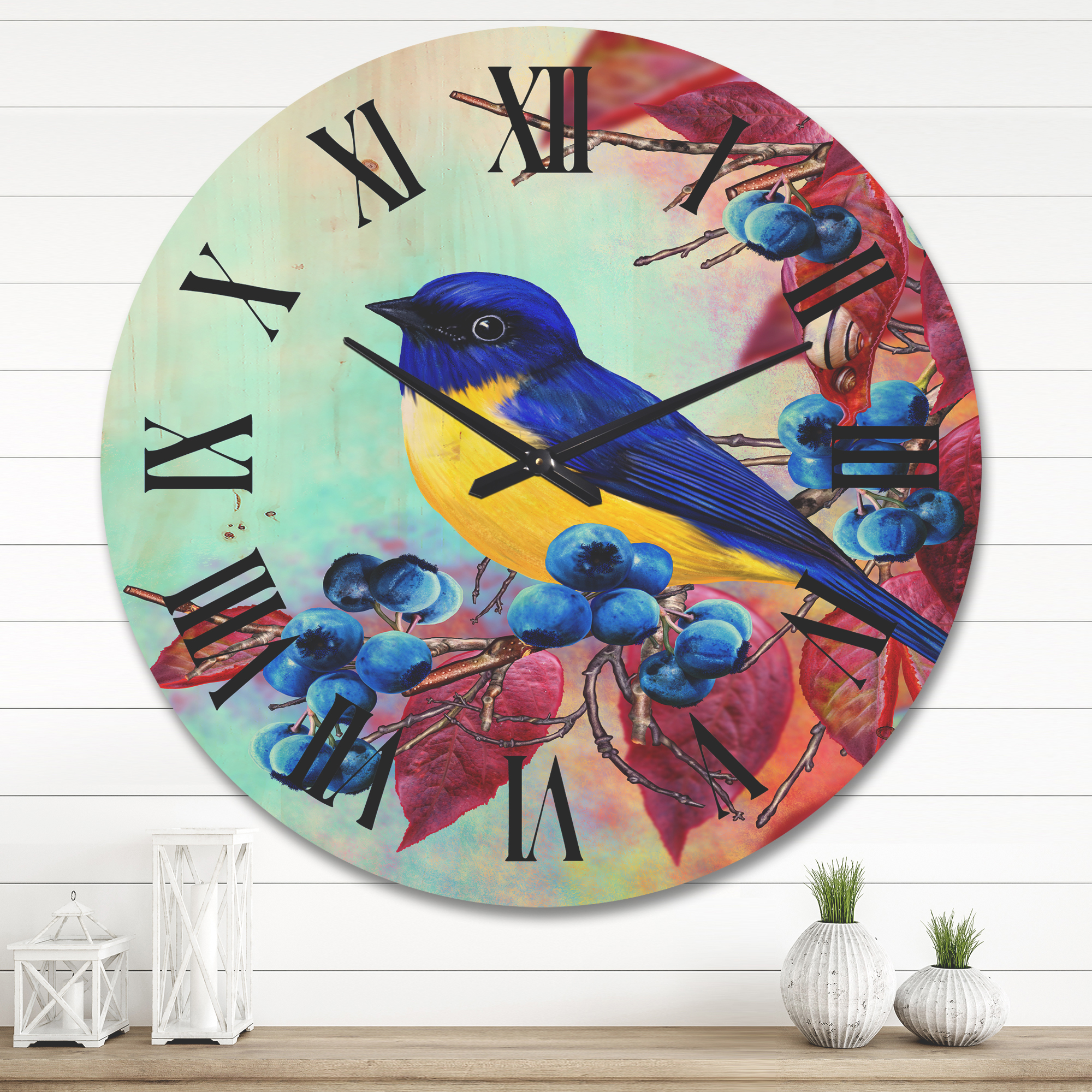 Designart 'Bright Bird Bullfinch Sitting On A Branch of Berries I' Traditional Wood Wall Clock