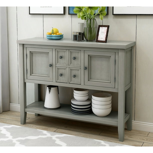 Wood Buffet Sideboard Sofa Console Table With 1 Storage Shelf 4 Drawers And 2 Cabinets Living Room Kitchen Dining Furniture In Antique Gray Com Wood Buffet Sideboard Sofa Console, Sofa Cabinet Table