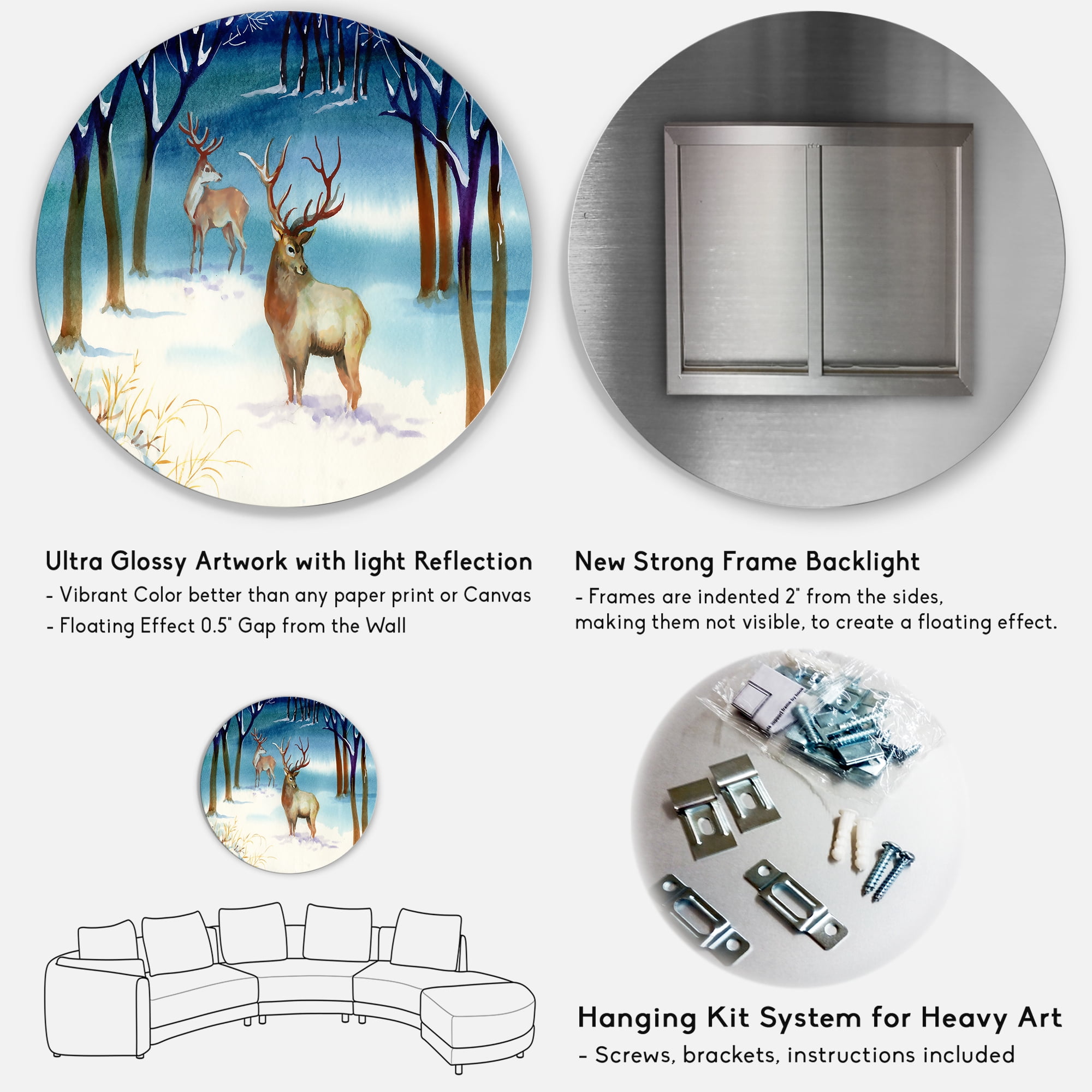 Designart 'Deers With Winter Landscape' Traditional Circle Metal Wall Art 11x11 - Disc of 11