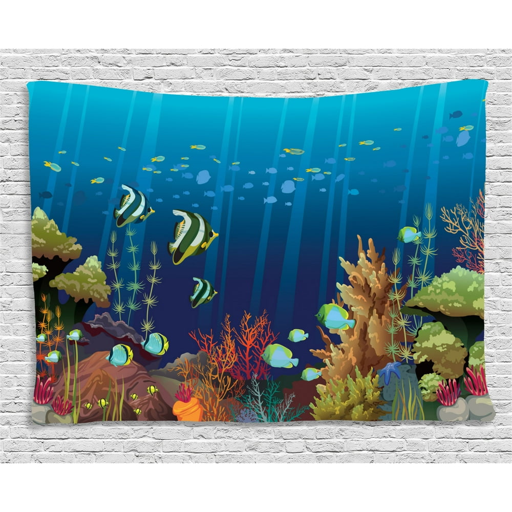 Under the Sea Tapestry, Coral Reef with Sea Creatures Tropical Oceanic