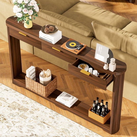 70.1" Wavy-Patterned Storage Table with Drawers, Slim Console Table Behind Sofa for Entryway Hallway Living Room, Walnut