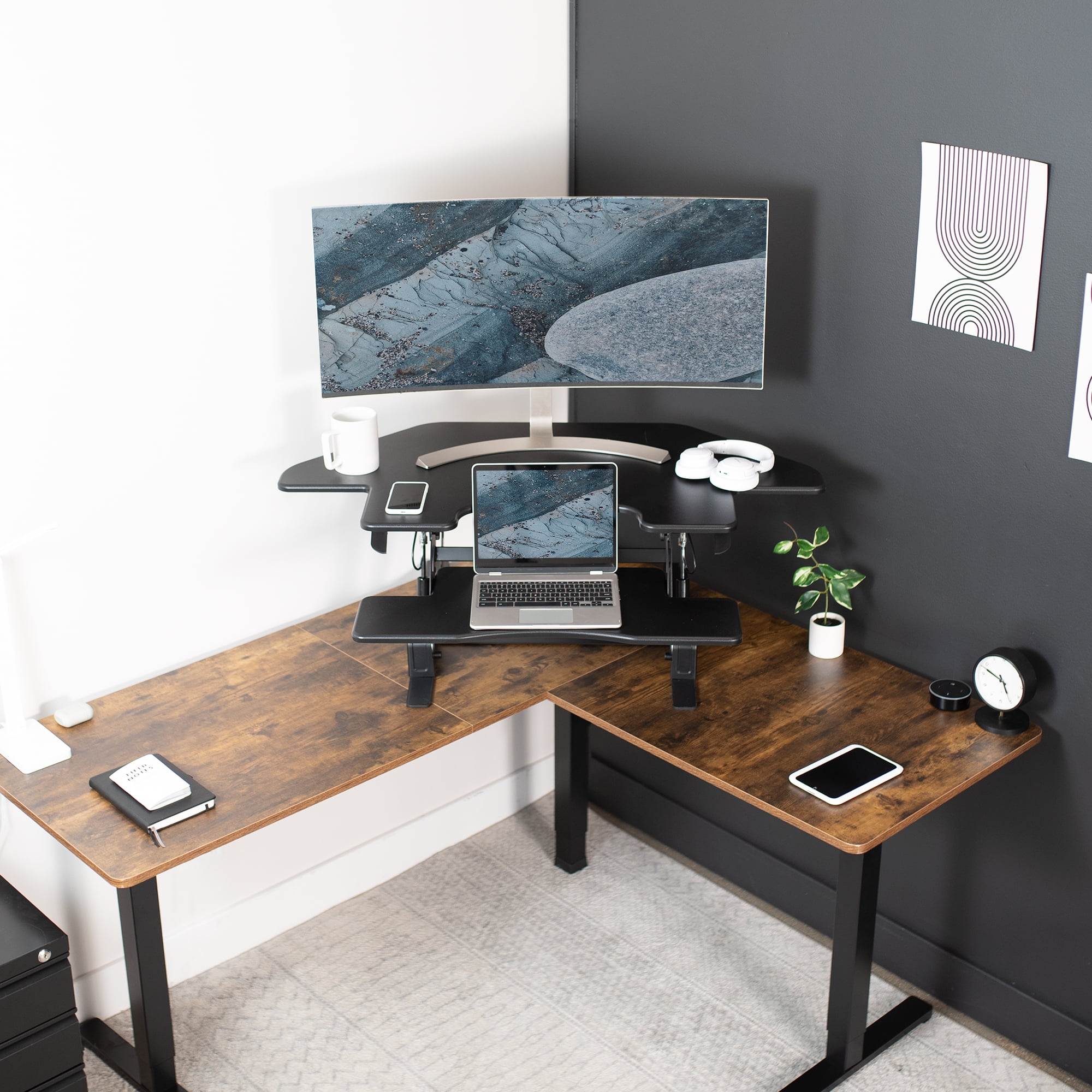 VIVO Black Corner Height Adjustable Cubicle Sit to Standing Tabletop Desk Riser