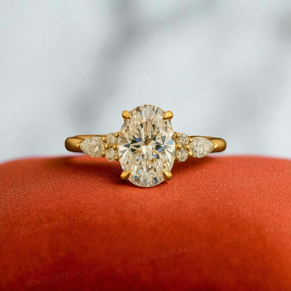 JEWELSBYASAILOR 2TCW Oval Moissanite Engagement Ring For Women With Side Pear, Birthday Gift For Her