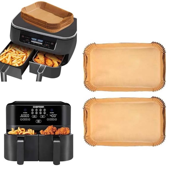 WYanRUI 50 Count Rectangular Disposable Air Fryer Liner Paper, Food Grade Non Stick Parchment Liners for Dual Basket Air Fryer Baking Roasting Cooking Supplies