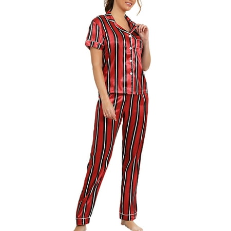 

Sexy Dance Ladies Sleepwear Silk Pajamas Sets 2 Pieces Outfits Nightgown Casual Nightwear Loose Home Clothes Lounge Set Red Black M