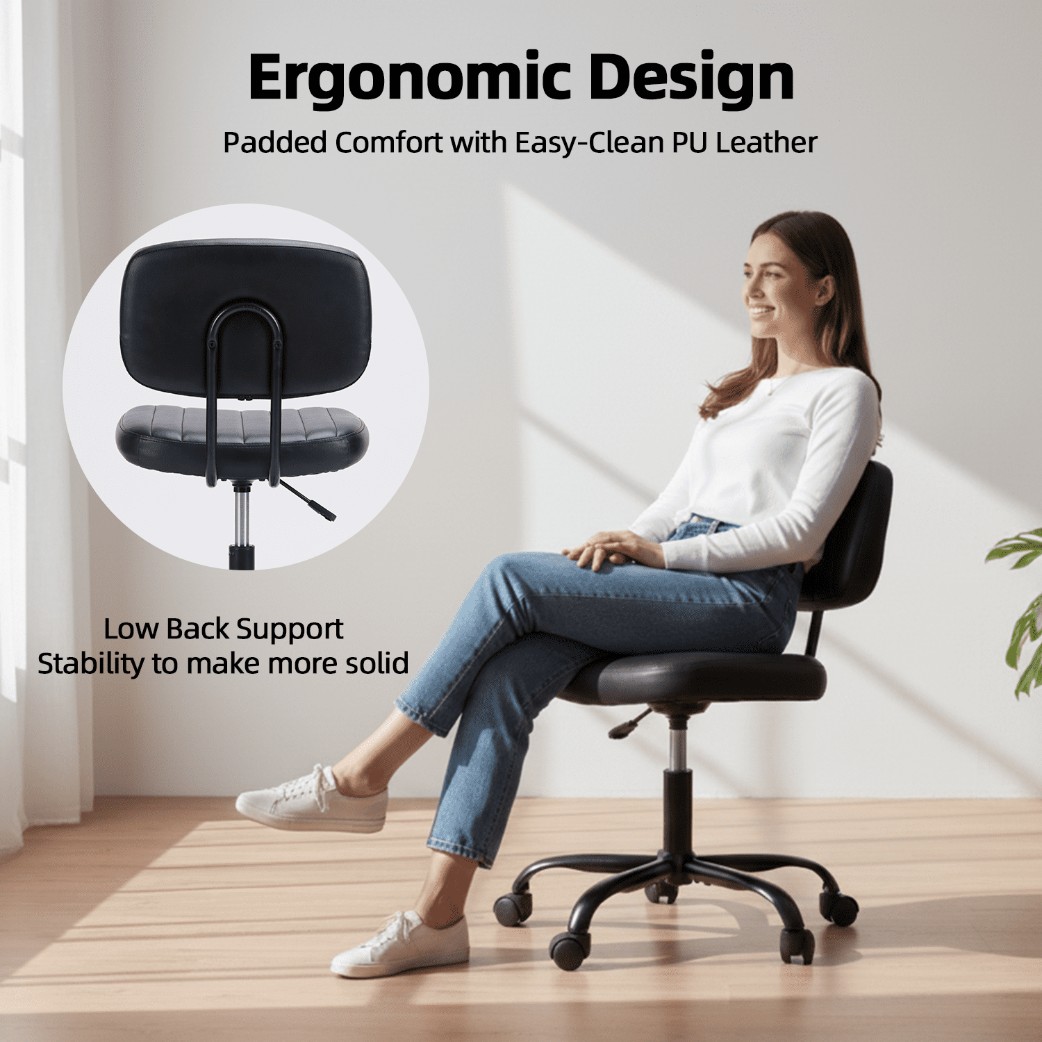 LIFERECORD PU Leather Armless Home Office Desk Chair, Small Ergonomic Task Chair for Adults and Students, Low Back Seating with Swivel, Adjustable Height, Rolling Wheels, Black