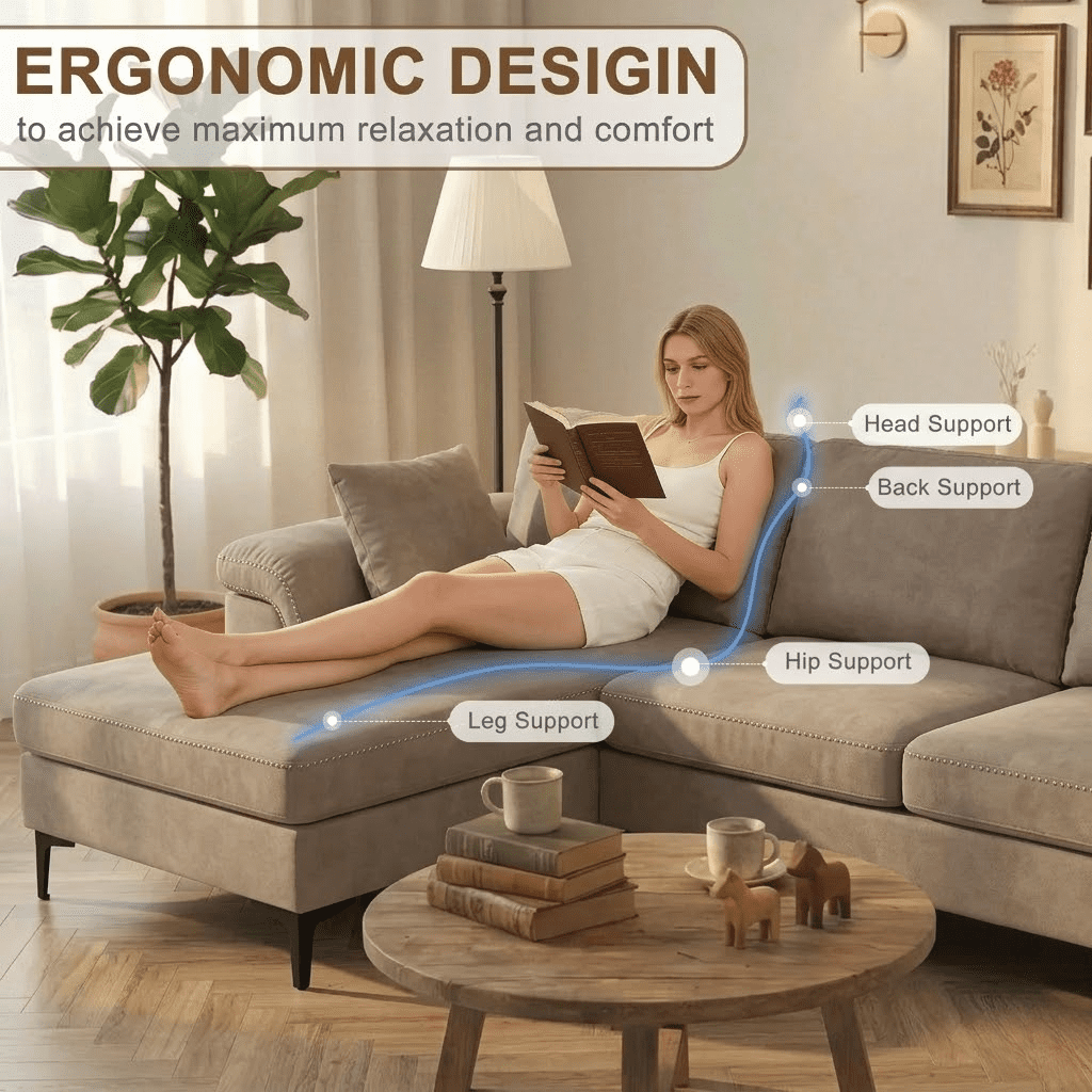 Howcool 106" U-Shaped Sectional Sofa, 4 Seat Modular Couch with Double Chaise, Polyester Blend Upholstered Modern Living Room Furniture with Metal Legs, Khaki(Thick Sponge)