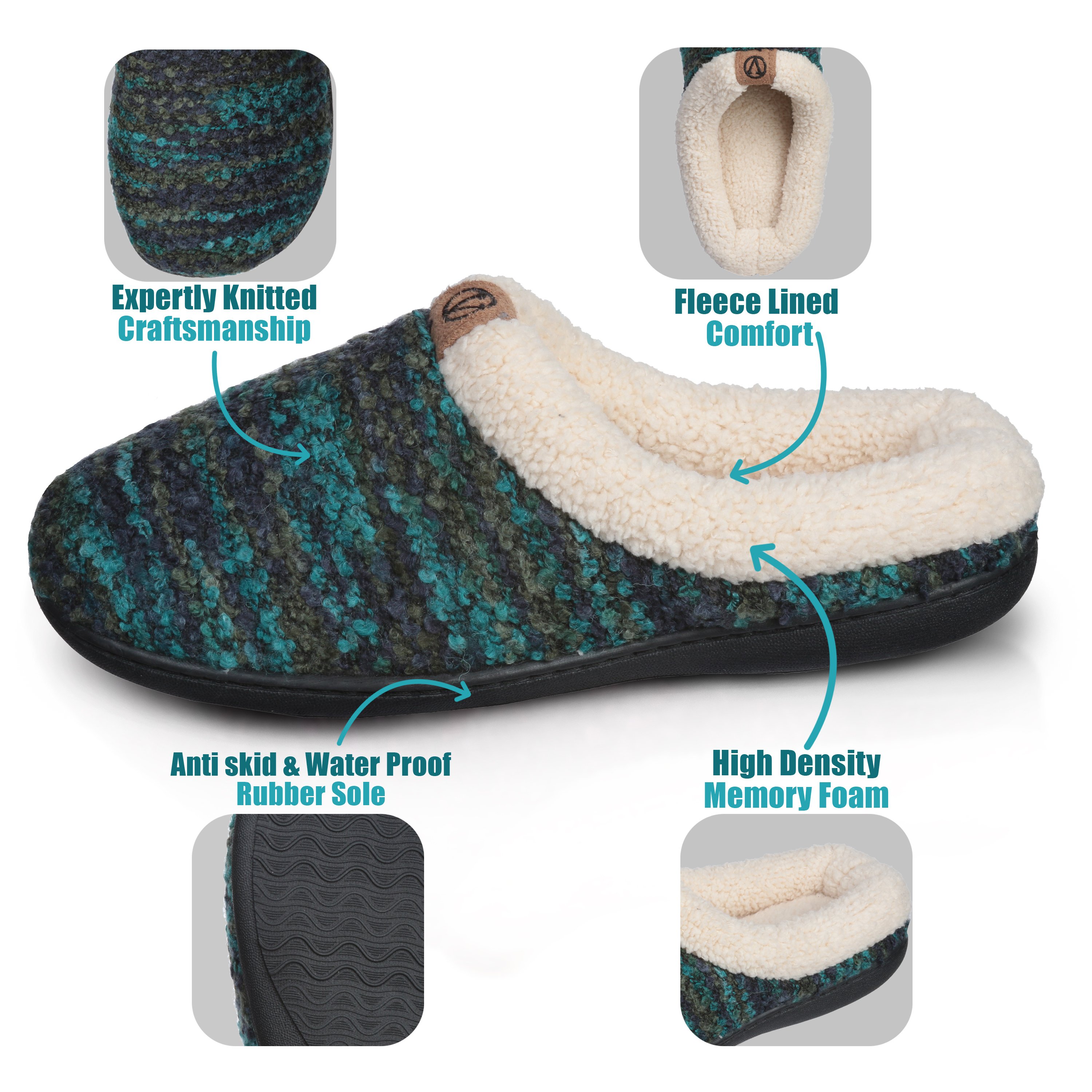 Roxoni Womens Warm Winter Slippers, Knit Outer & Fleece Inner,Rubber Sole -sizes 6 to 11 -style #2110 - image 5 of 6