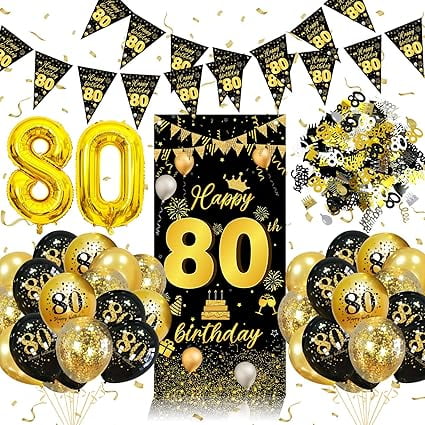 80th Birthday Decorations Men Women, Black Gold Party Decorations with 80th Birthday Balloons, Banner Flag, Confetti