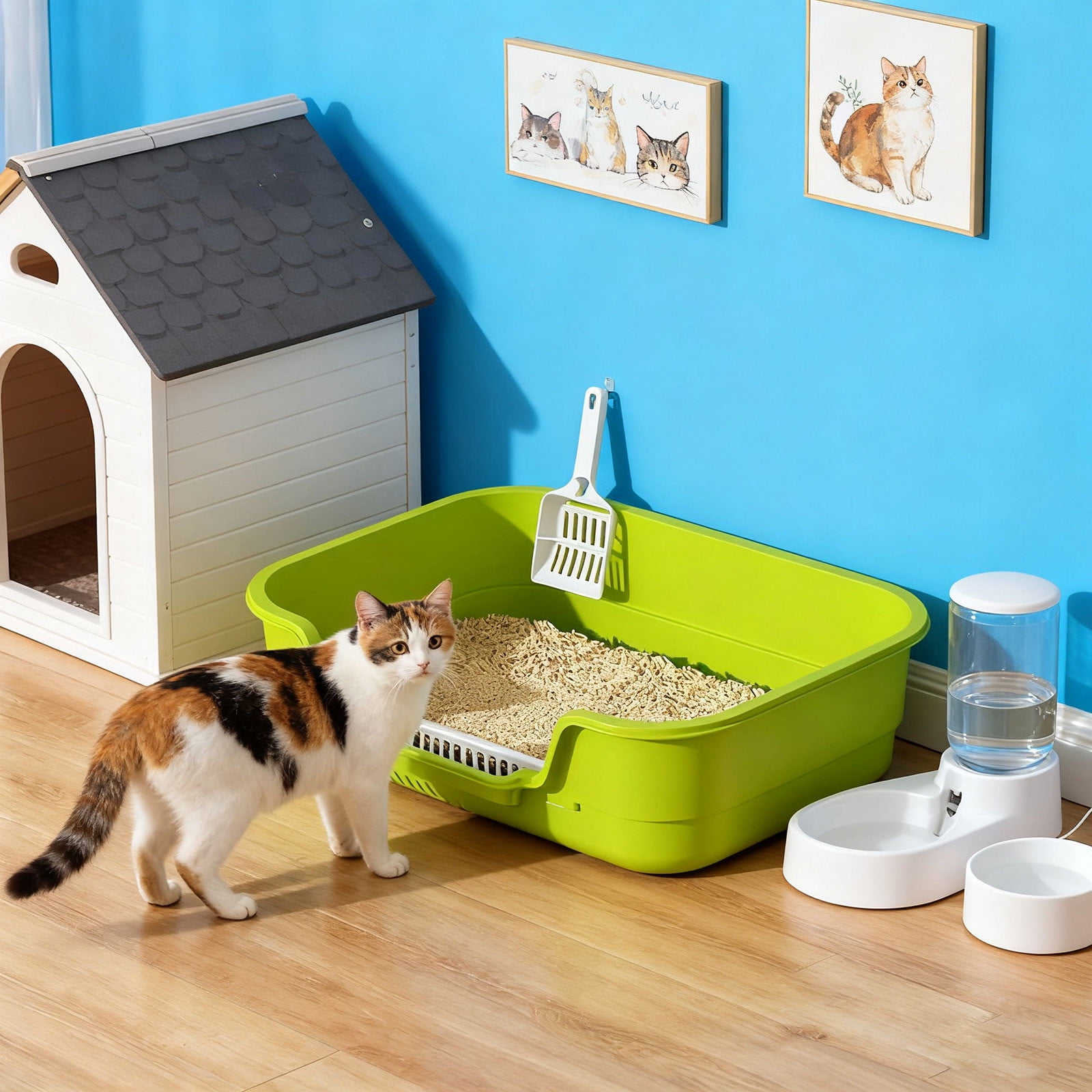 Cat Litter Box Semi-Enclosed, High Sided Anti-Splatter Litter Pan with Scoop, Odor Control, for Indoor Small to Medium Cats 17 Inch，Green