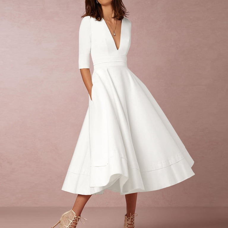 slim fit dress slacks Elegant White Cocktail Dress for Weddings and Modest Church Outfits – AOMEI  DRESS main image 1