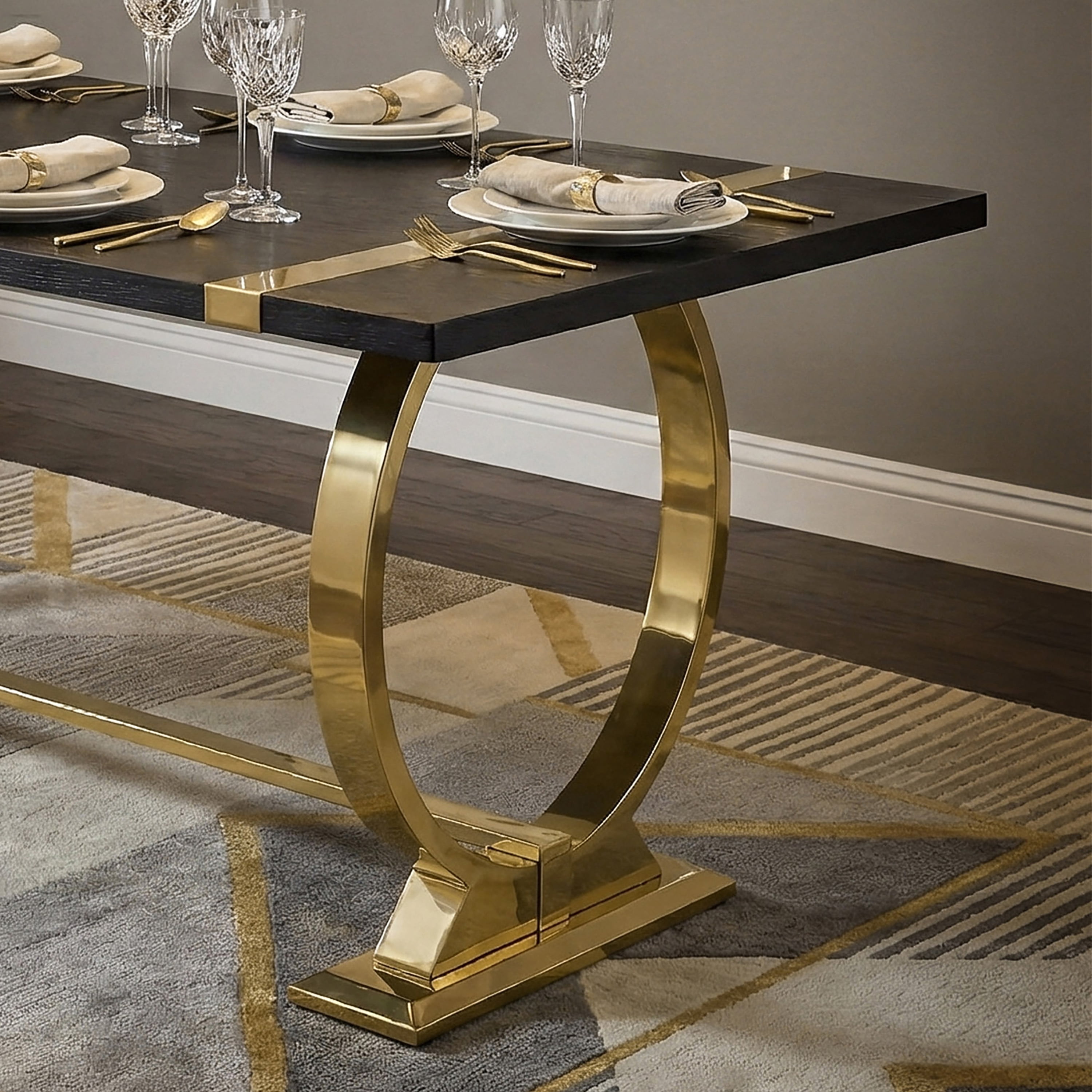 Furniture of America Gaius Glam Wood 80" Rectangle Dining Table with O-Shaped Stainless Steel Trestle Base, Black and Gold