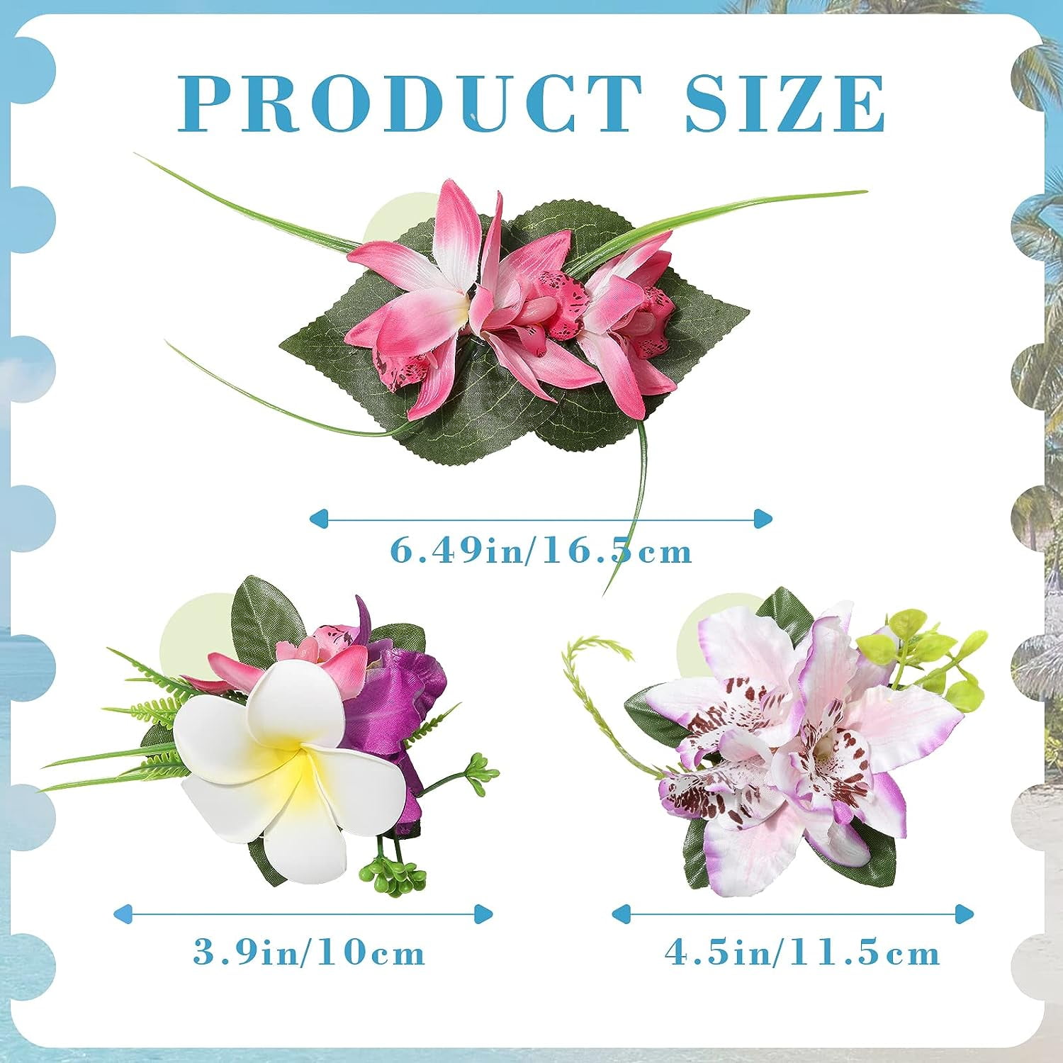 Hawaiian Flower Hair Accessories - 3 Pieces Artificial Tropical Flower Hair Pins, Large Hair Pieces for Women (White, Pink, Purple)