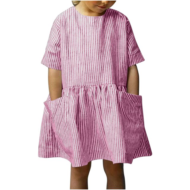 Tranfacy Robe d'Été pour Filles, Robe à Manches Courtes pour Filles, Robe Décontractée à Rayures en Lin à Col Rond à Manches Courtes avec Poches pour Enfants d'Âge Moyen