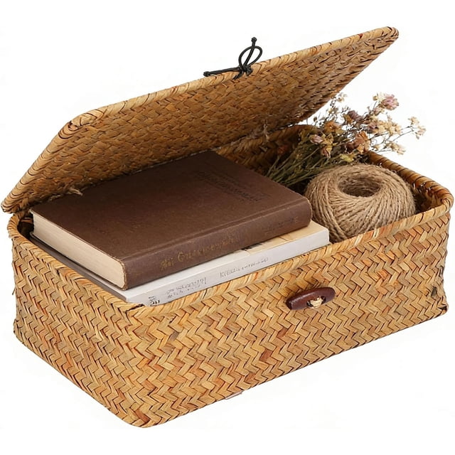Cesta de Almacenamiento, Cestas de Almacenamiento de Pastos Marinos Naturales Caja de Tejida a Mano Multiusos Cestas Tejidas para Almacenamiento con Tapa Organizador Caja