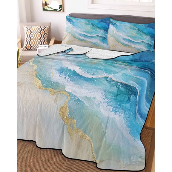 Full Quilt Bedding Set, Summer Blue Ocean Waves Sand Lightweight Coverlet Summer Comforter Set Soft Microfiber Bedspread, Seaside Beach 3 Piece Quilt Set with 2 Pillow Shams All Seasons Use