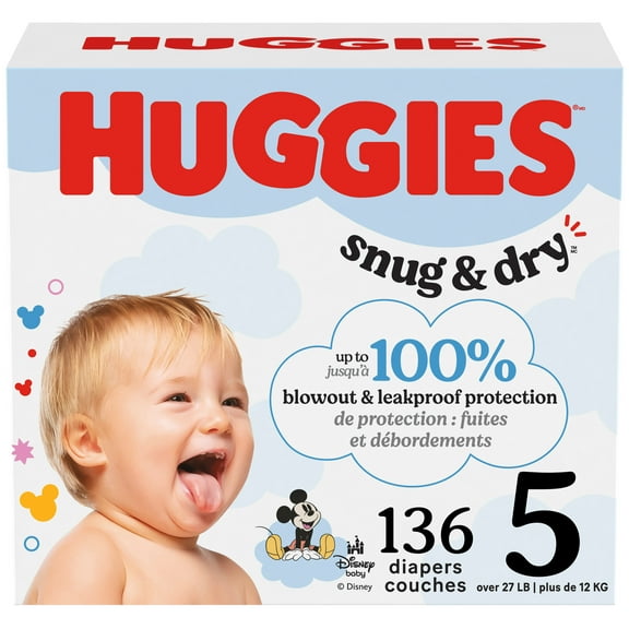Huggies Snug & Dry Baby Diapers, Size 5 (27+ lbs), 136 Count