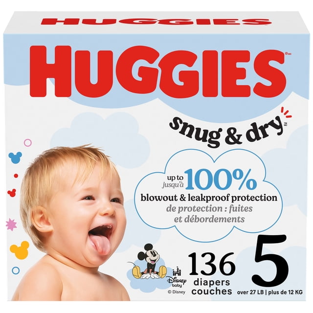 Huggies Snug & Dry Baby Diapers, Size 5 (27+ lbs), 136 Count