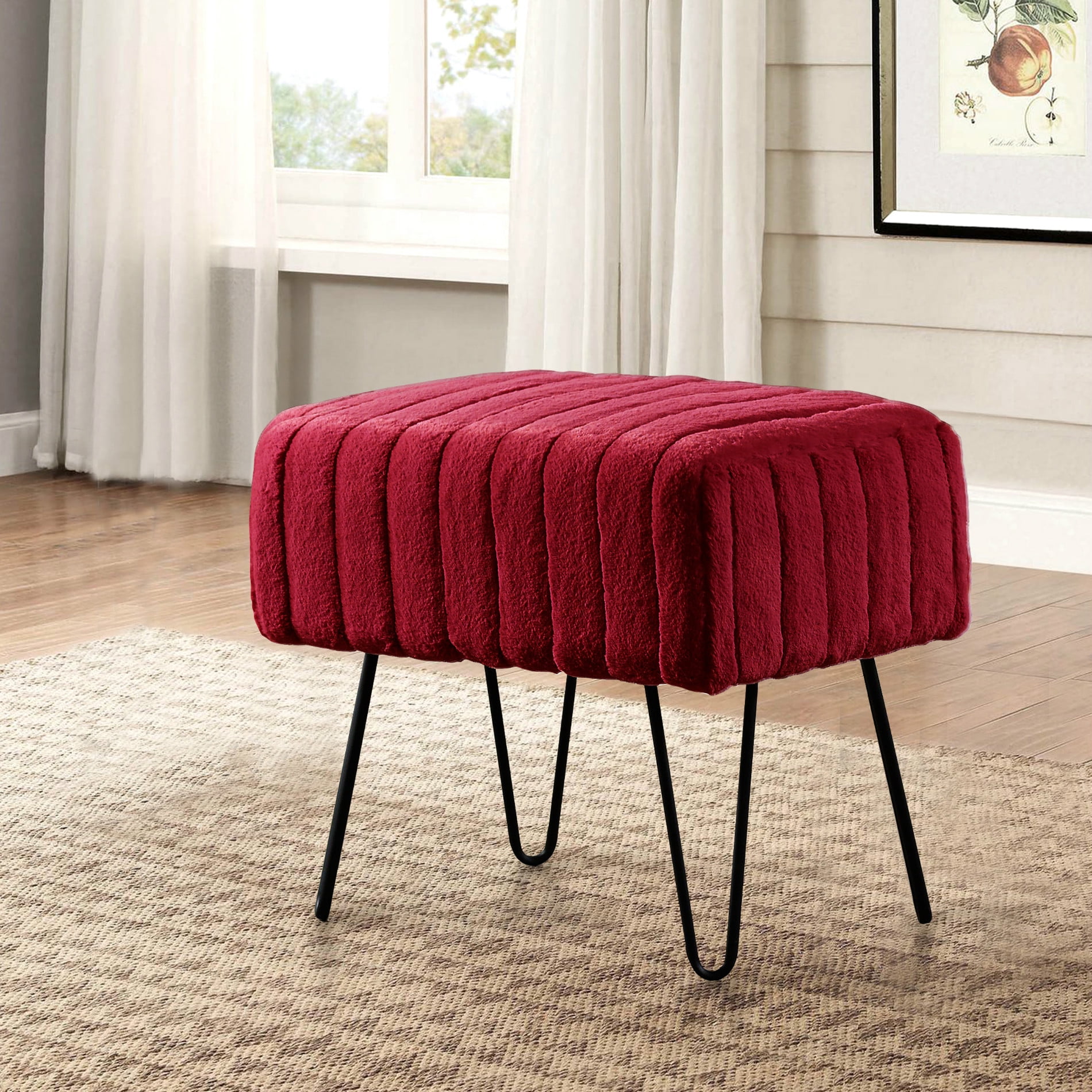 Super Mink Faux Fur Ottoman Bench, 19" x 13" x 17" H & 46" x 16" x 25