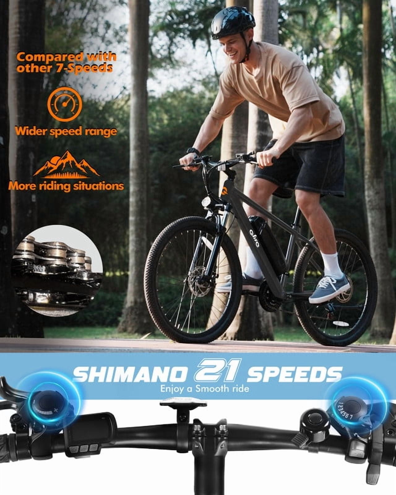 Qlife Electric Bike for Adults - 21-Speed Mountain Lightweight Ebike with Peak 750W 20MPH Brushless Motor, 26X2.1 Tire Step Over E-MTB (Grey) with Mirror & Lock