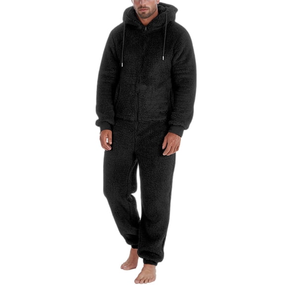 ZHOGXU Mens Jumpsuit Solid Color Zip Front Hooded Pajamas With Pocket Warm Relaxed Fit Romper Loungewear,Black,XXXL