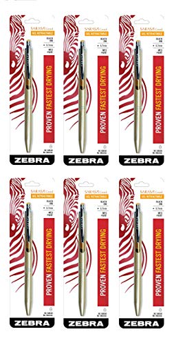 Zebra Sarasa Grand, Retractable Gel Ink Pen, Gold Barrel, Medium Point, 0.7mm, Black Ink, Sold as 6 Pack