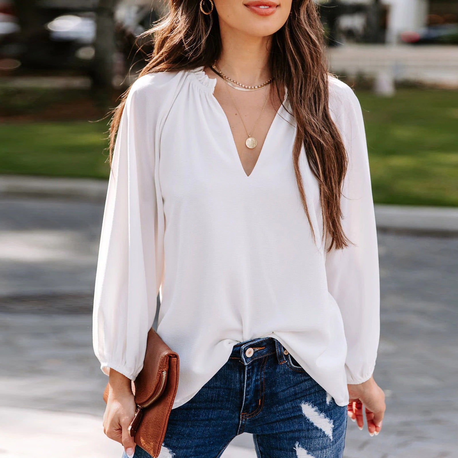Jovati Women Tops Long Sleeve Women Casual Shirt Solid Lantern Sleeve Long Sleeve V Neck Pullover Blouse Tops White