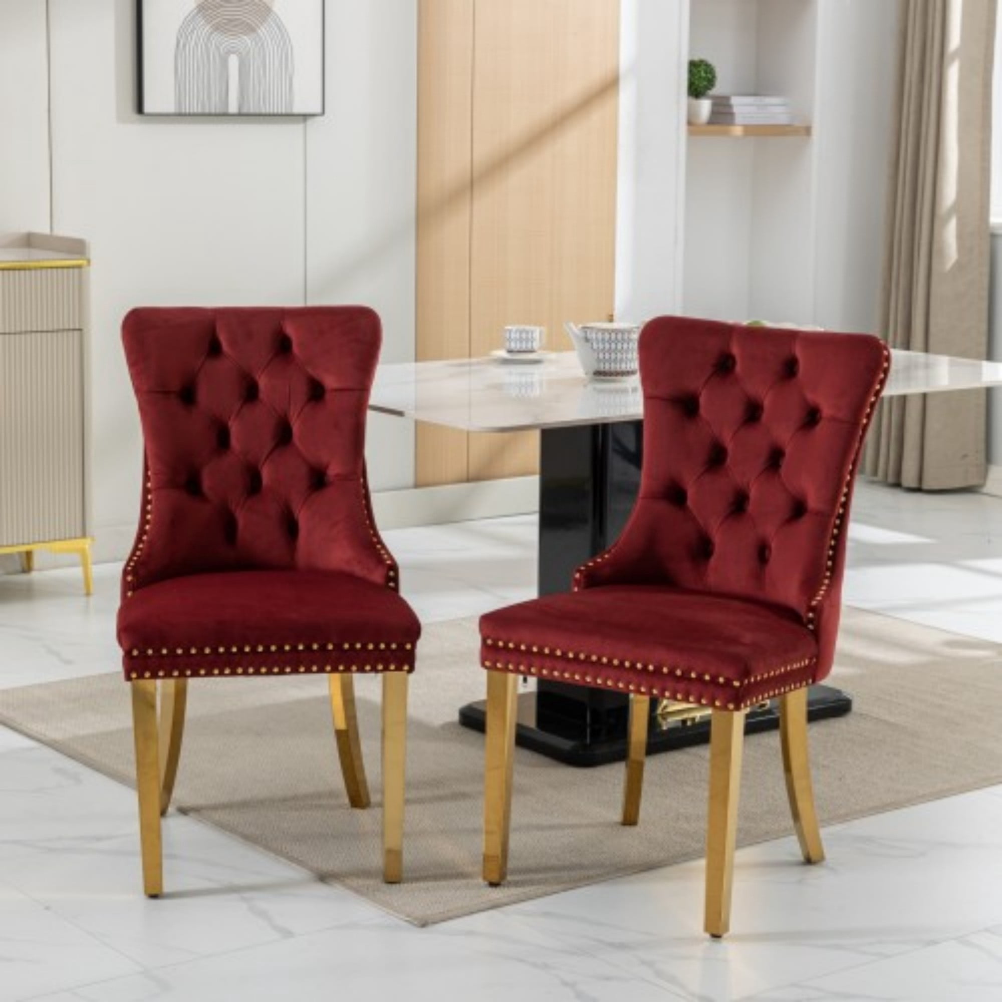 BSHTI 37.5" Velvet Upholstered Dining Room Chairs Set of 2, Modern Tufted Parson Chairs with Nailhead Trim, Foam Padded Seat for Dining Room/Kitchen(Burgundy)