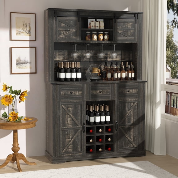 GETYES 72" Farmhouse Coffee Bar Cabinet, Wine Bar Cabinet with Sliding Barn Door, Tall Buffet Cabinet with Adjustable Shelves and Glass Racks, Ample Storage for Kitchen, Dining Room, Dark Rustic Oak