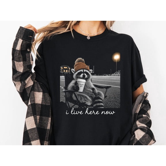 I Live Here Now Raccoon T-Shirt, Football Mom Shirt, Funny Football Game Day Tee