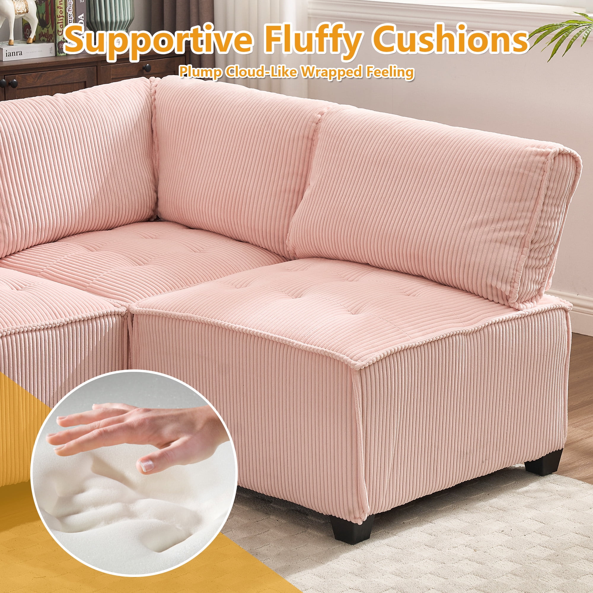 MOONMISS U-Shaped Corduroy Upholstered 6-Seat Convertible Modular Sectional Sofa Fit for Living Room-Pink