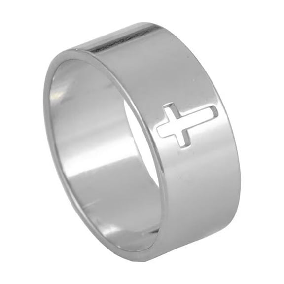 PAMTIER Unisex Stainless Steel Personality Hip Hop Plain 8MM Cut Out Cross Biker Amulet Crucifix Ring European and American Style Silver Size 7