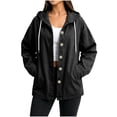 thumbnail image 2 of Smsaxvxz Women's Denim Hooded Jacket Fall Fashion Oversized Drawstring Button Jean Coat with Pockets Black XL, 2 of 9