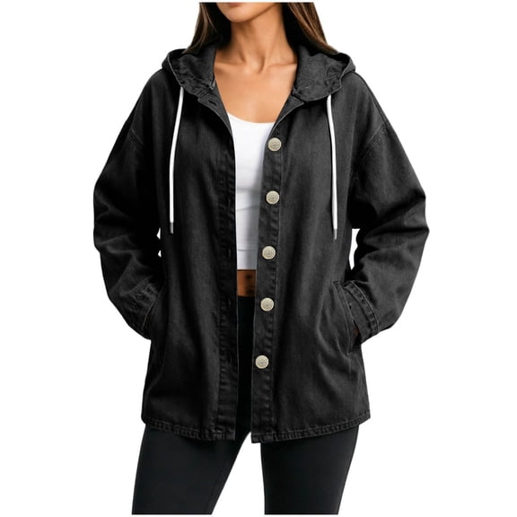 Cmtiyu Denim Jacket for Women, Long Sleeve Drawstring Button Hooded Denim Jackets, Oversized Casual Outerwear Jean Jacket Coat with Pockets, S-2XL