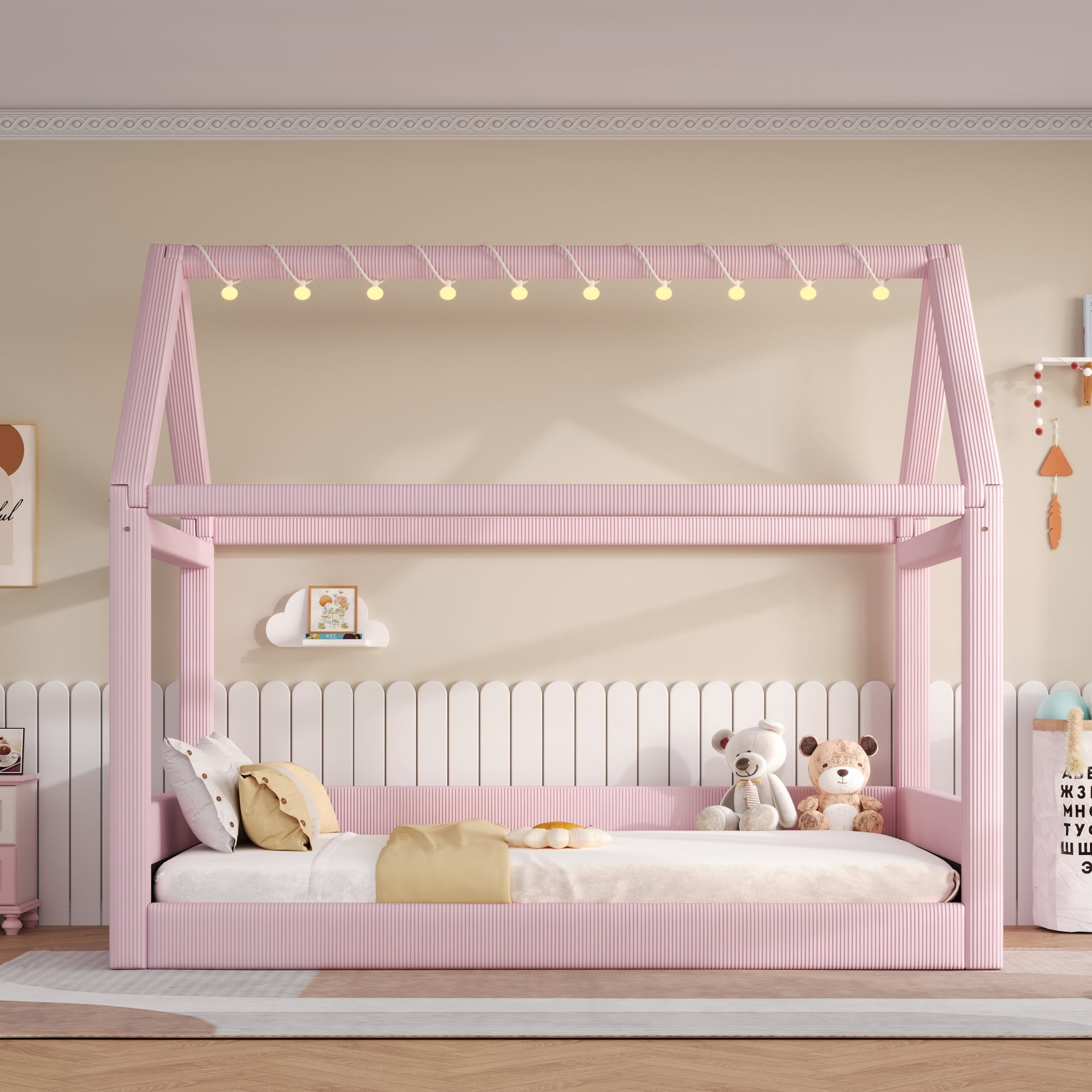Euroco Upholstered Full Size Platform Bed, House Canopy Bed with LED Light Strip, Pink