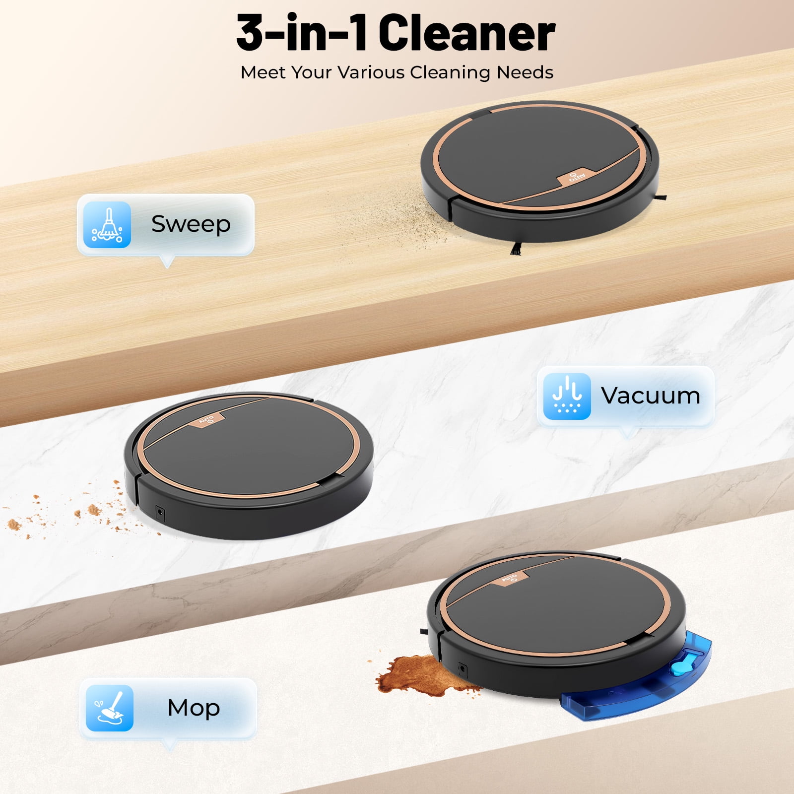 3-in-1 Robot Vacuum Cleaner, Floor Sweeping Robot, Robot Vacuum Sweeper with Water Tank