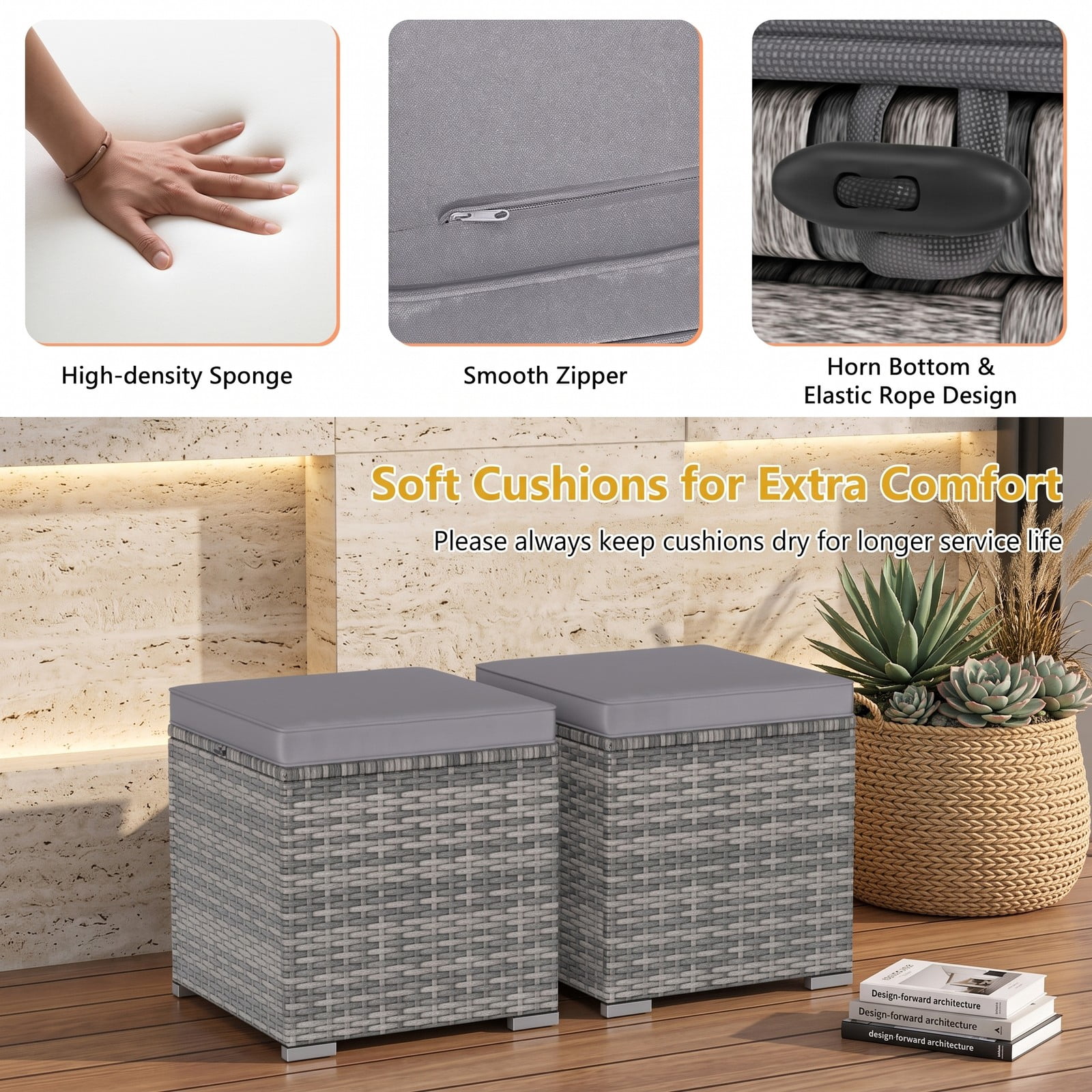Furnibear Set of 2 Outdoor PE Wicker Patio Storage Ottomans with Hidden Space and Cushions for Foot Rest and Extra Seating, Gray