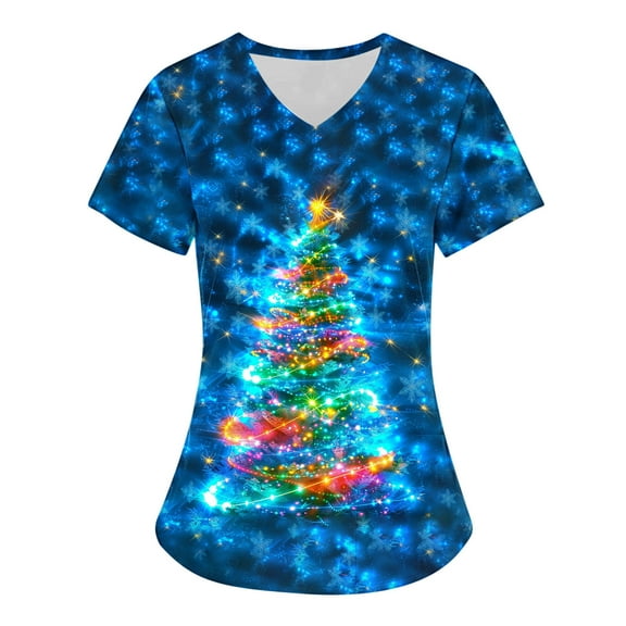 Xfvqtps Christmas Scrub Tops for Women Soft V-Neck Scrubs Comfortable Lightweight Nursing Uniforms Christmas Printed Short Sleeve Protective Top Working Uniforms with Pockets Multicolor
