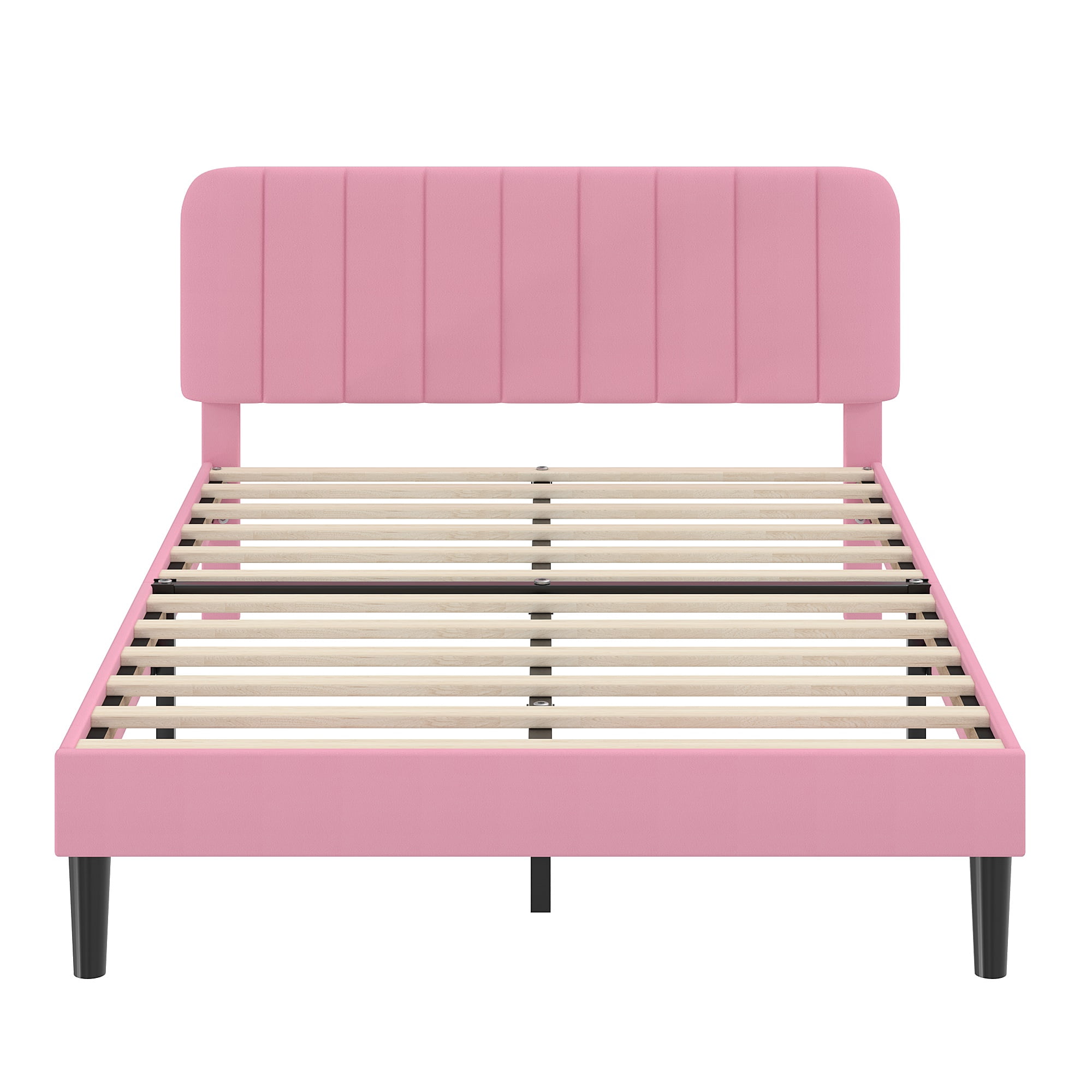 Taomika, Queen Size Upholstered Platform Bed Frame with Adjustable Headboard-Pink