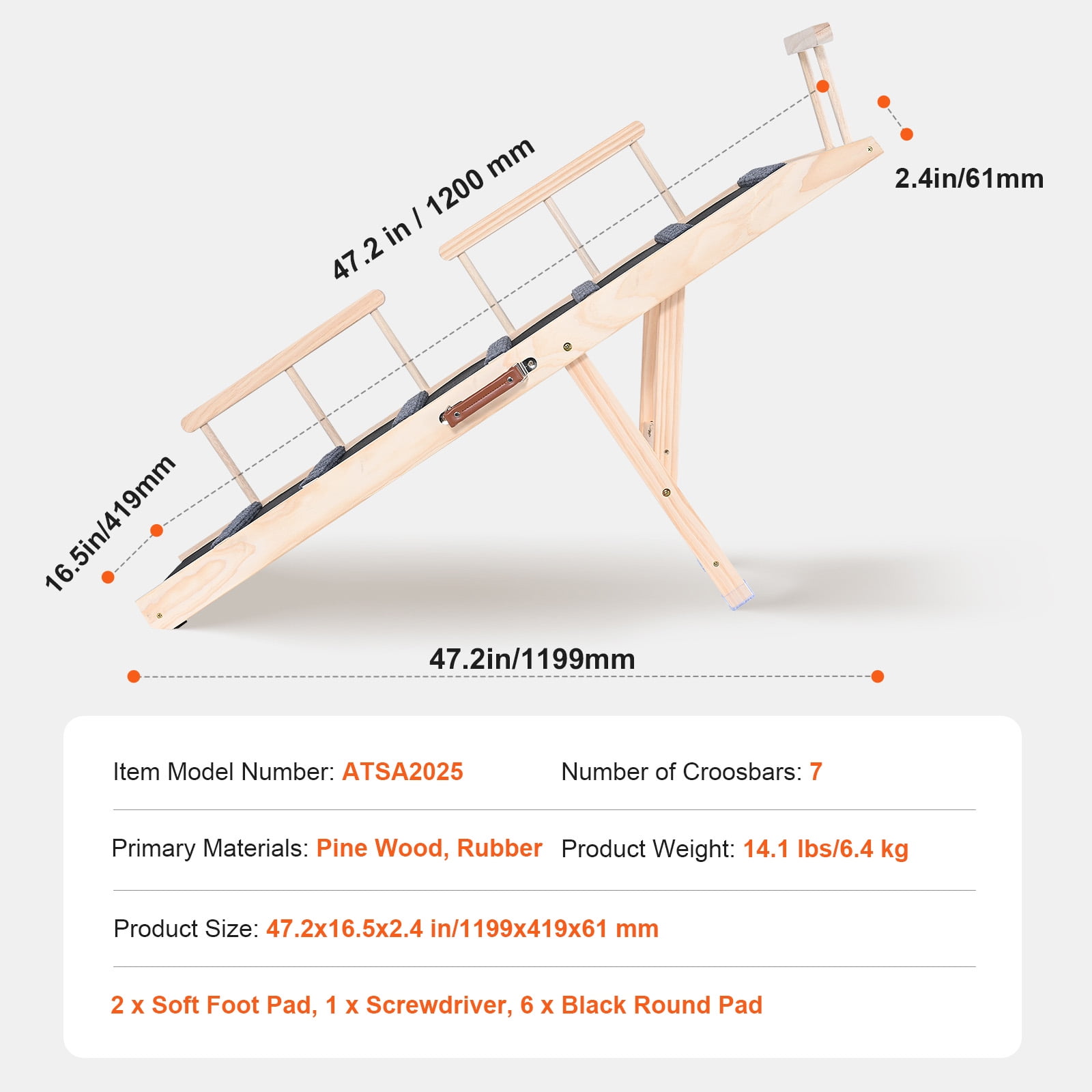 KFFKFF Pet Access Ramp, Foldable Ramp for Pets to Reach Beds, for Various Breeds & Ages, Durable Wood Construction, Extends 47.2", Height Adjusts 13.8"-27.6", Ideal for Furniture & Vehicles