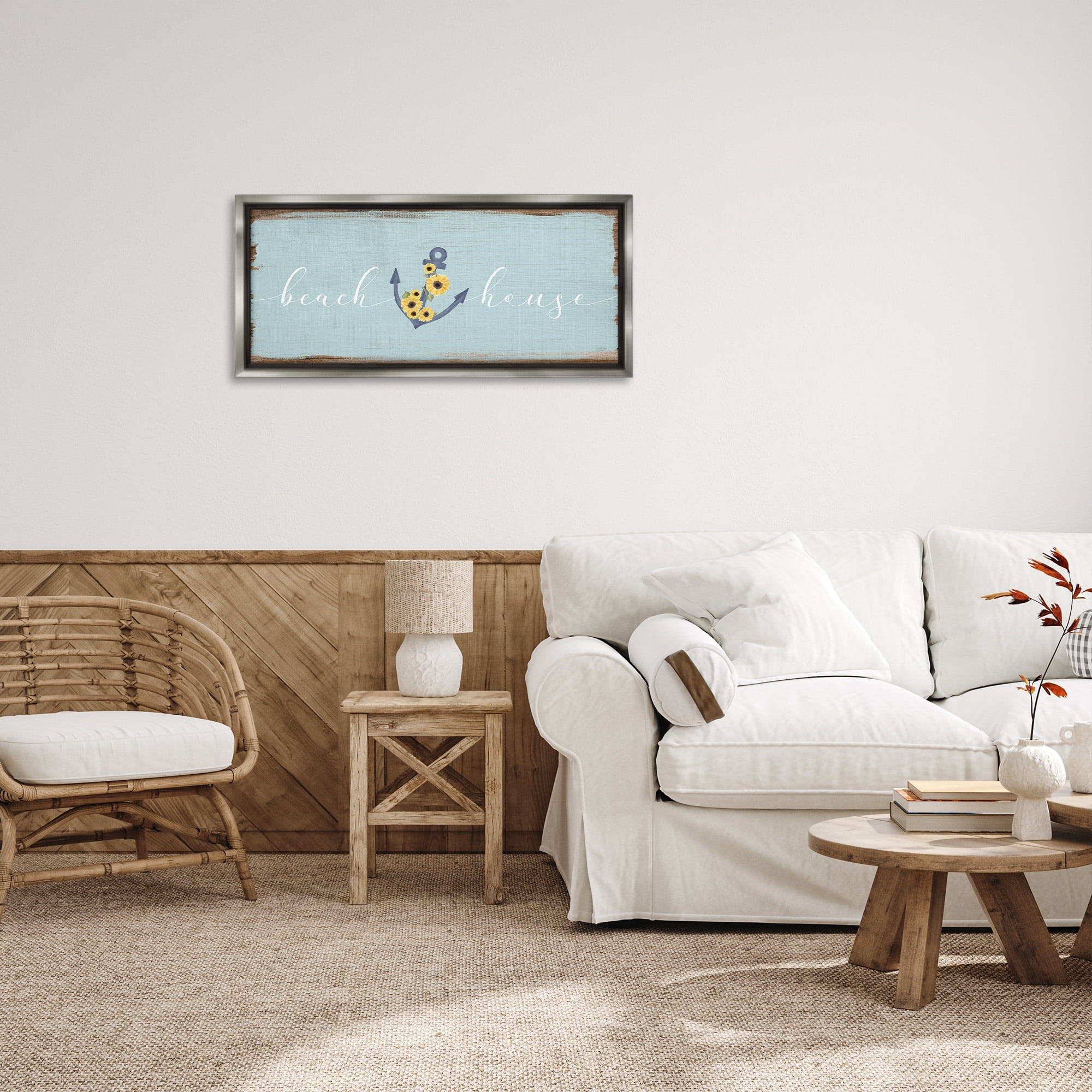 Stupell Industries Beach House with Floral Anchor Nature Painting Gray Floater Framed Canvas Art Print Wall Art, 31 x 14