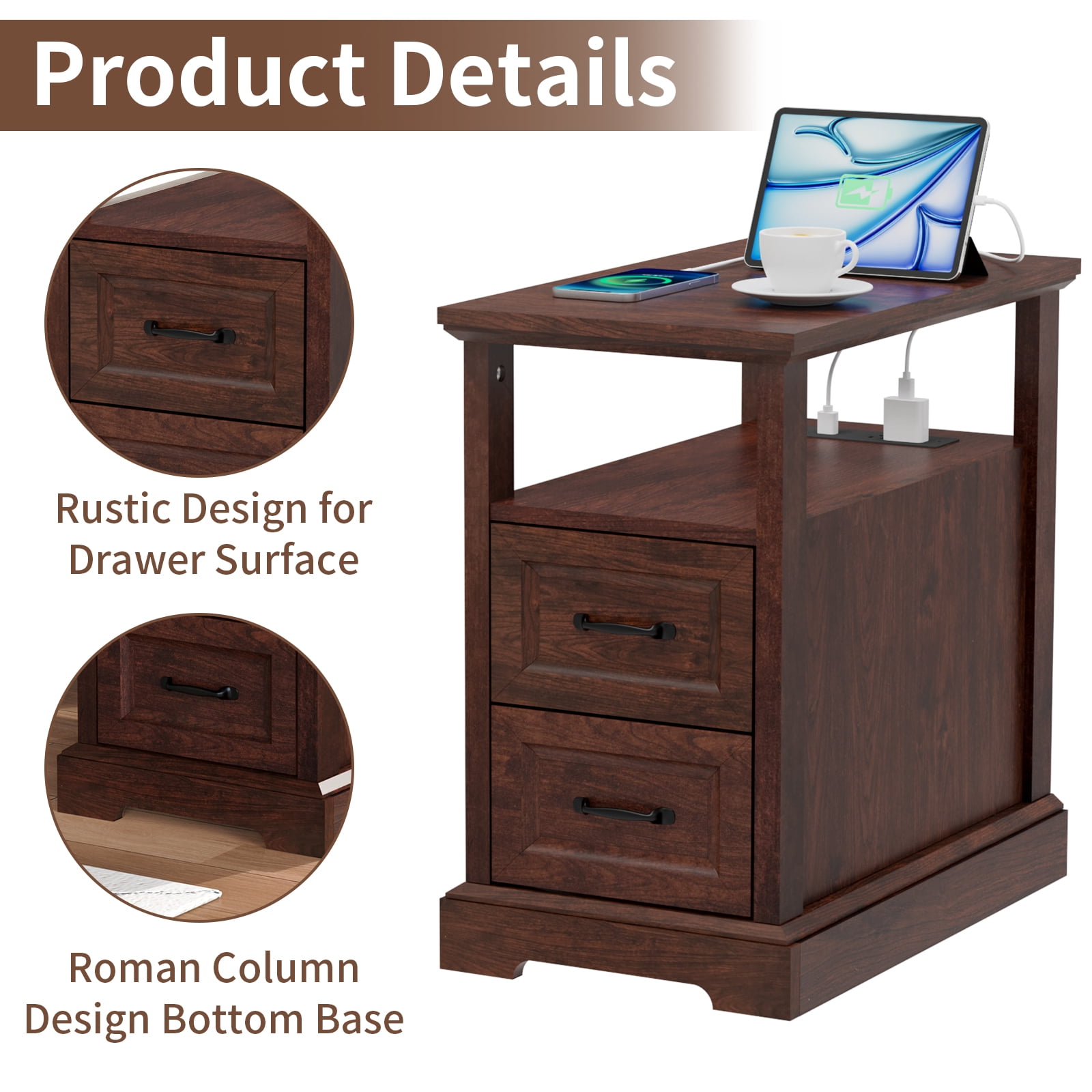 Hommpa 2 Drawers End Tables With Charging Station For Living Room, Farmhouse Narrow Sofa Side Table For Small Spaces, Nightstand Bedside Table with Storage For Bedroom, Brown