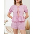 thumbnail image 5 of Musuos Women’s Summer Casual 2 Piece Outfits Puff Sleeve Tie Knot Front Tops + Elastic Waist Shorts Set Loungewear, 5 of 9