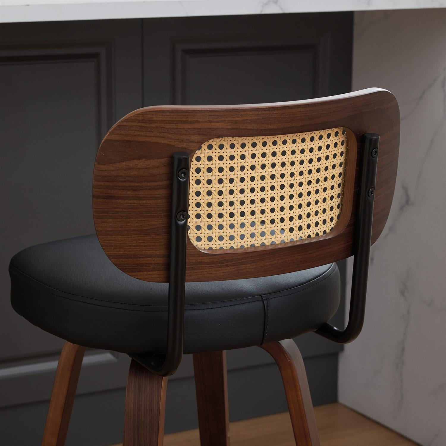 Demi Bonn 35" Swivel Bar Stools Set of 2 with Upholstered Faux Leather, Rattan Back & Bentwood Legs, Counter Height Stools for Kitchen or Bar Seating, Black