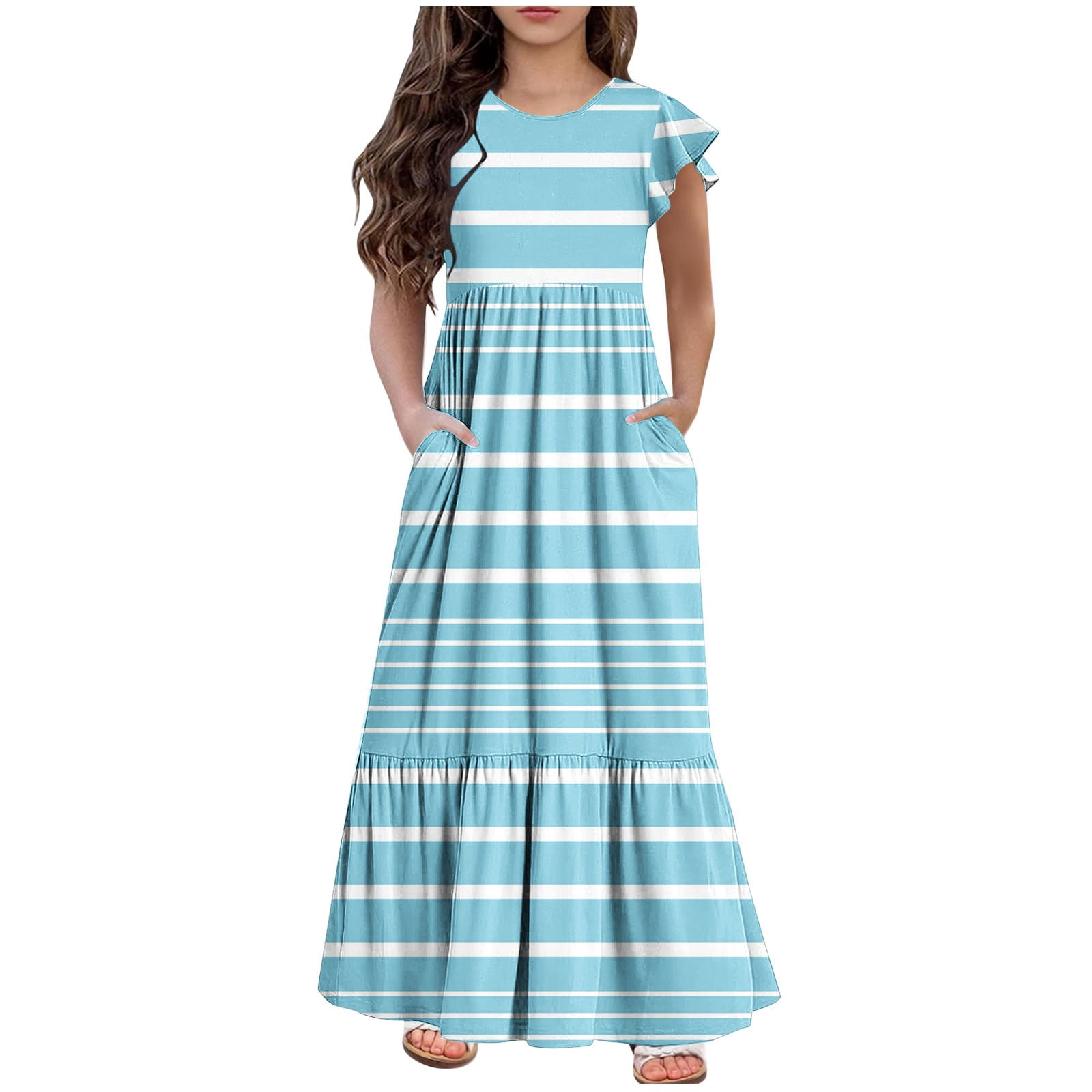 2 Pack 2025 Girls Dresses with Pockets 6-12 Years Kids Ruffle Short Sleeve Trendy Stripe Printed Crewneck Going Out Long Maxi Dress