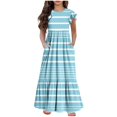 thumbnail image 5 of 2 Pack 2025 Girls Dresses with Pockets 6-12 Years Kids Ruffle Short Sleeve Trendy Stripe Printed Crewneck Going Out Long Maxi Dress, 5 of 8