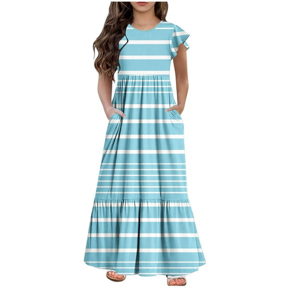 AJTQTH Girls Striped Sundress Crewneck Ruffles Short Sleeve High-Waisted Dress Flowy Tunic Slim Dress Summer Casual Maxi Dress Light Blue 6 Years